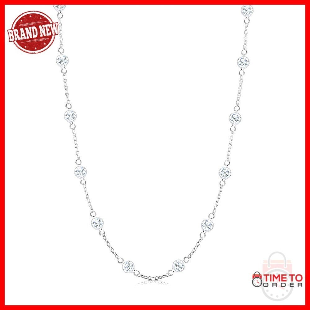 Sterling Silver CZ Station Necklace, 24 Inch Cable Chain, Spring Ring Clasp